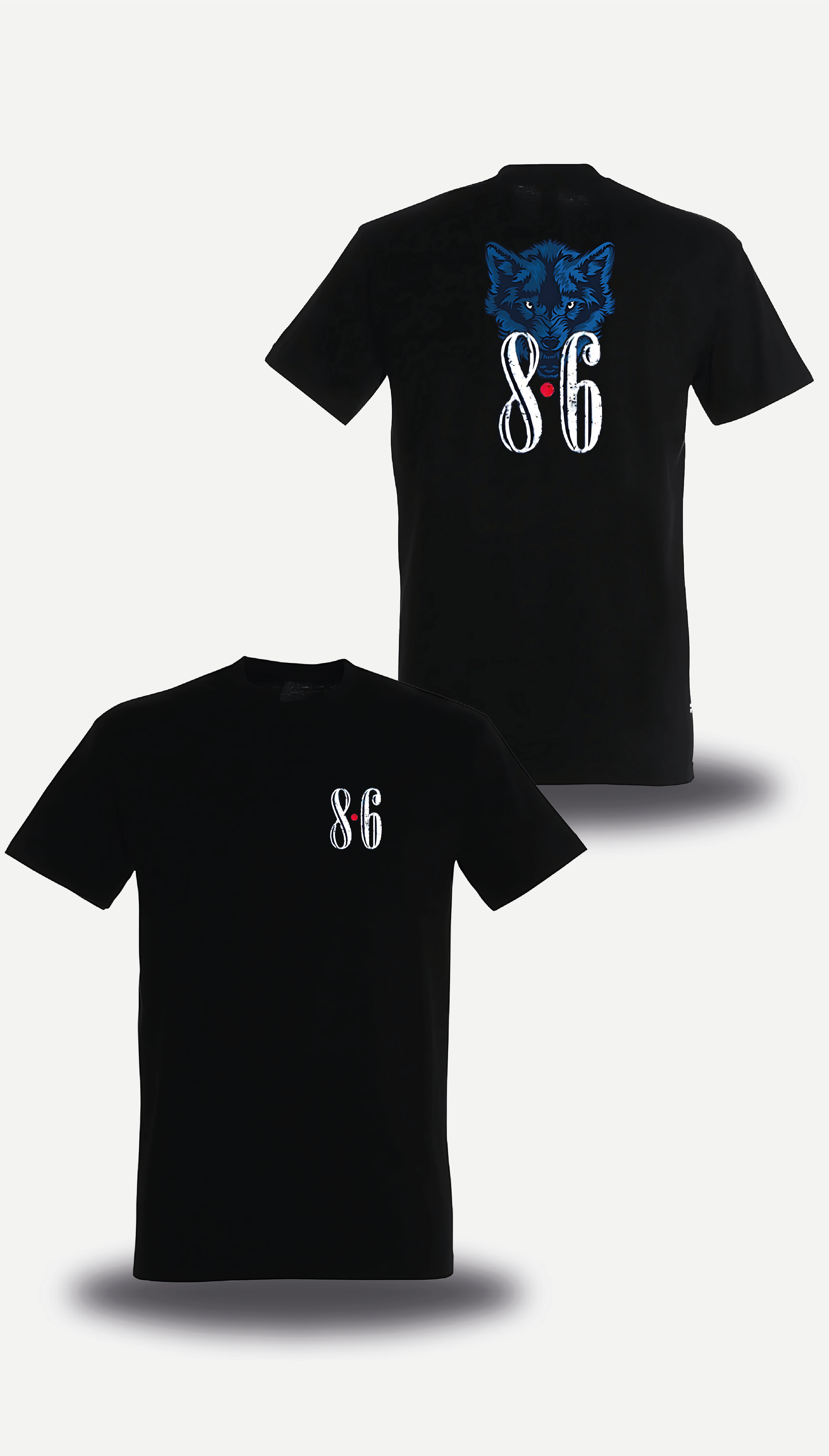 T-shirt « 8.6 » en blanc et noir, vus de face, design alcool et beauf