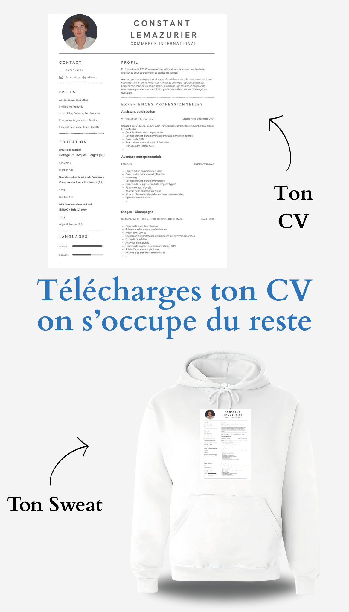 Sweatshirt CV personnalisé - Cherche 1 Alternance