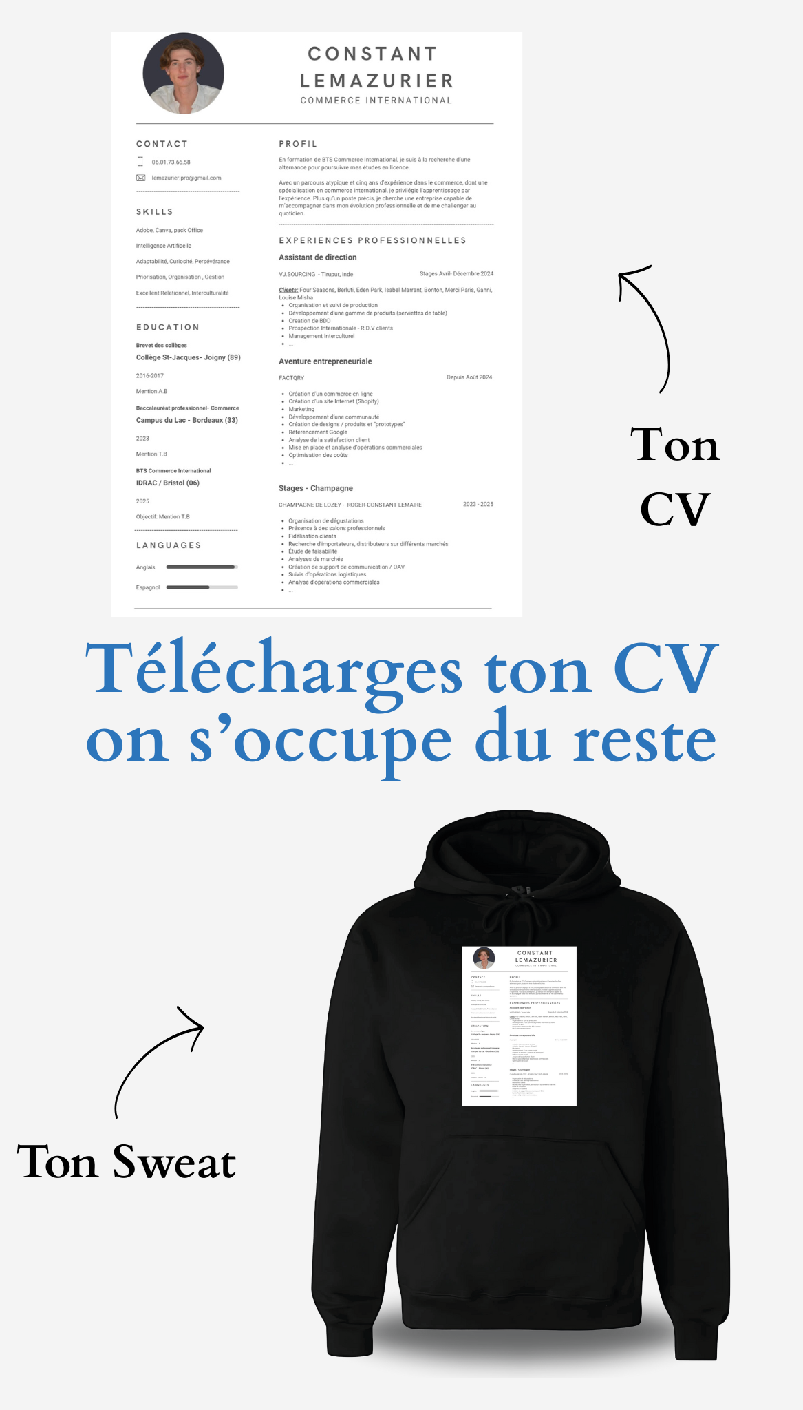 Sweatshirt CV personnalisé - Cherche 1 Emploi