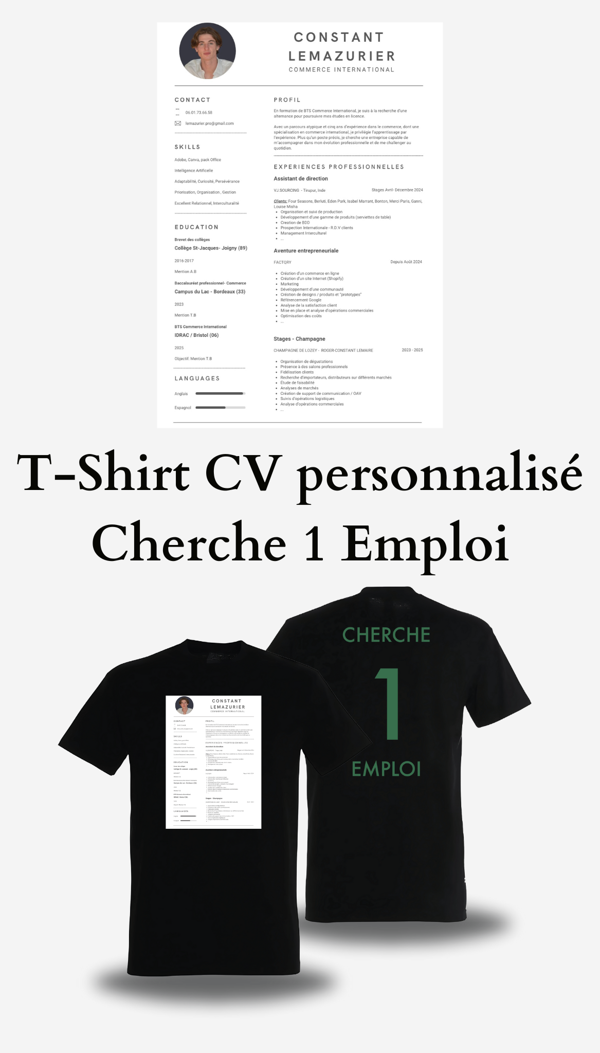 T-Shirt CV personnalisé - Cherche 1 Emploi