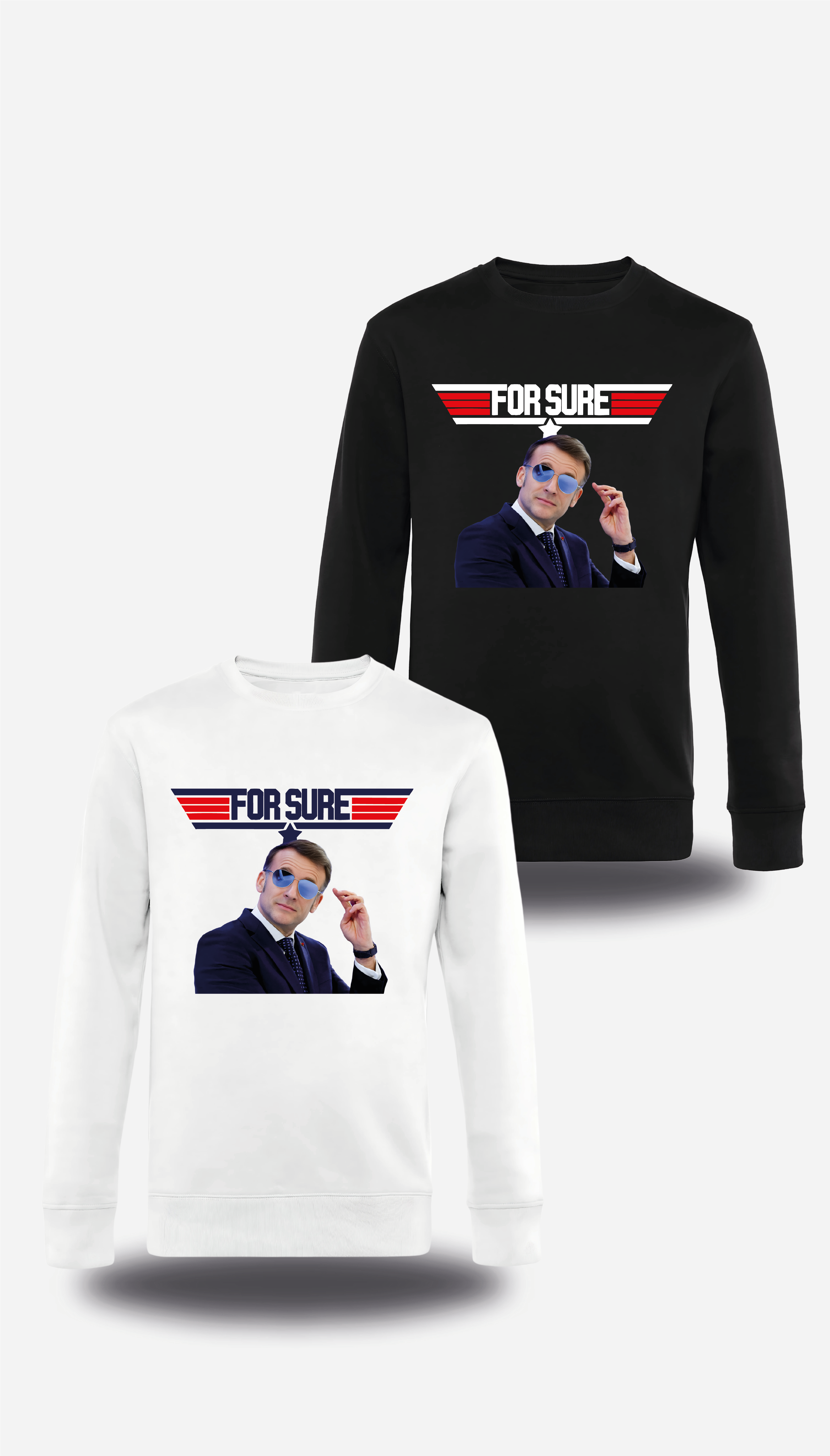 T-shirt manches longues « Macron - For Sure » en blanc et noir, vus de face, design humour et mème