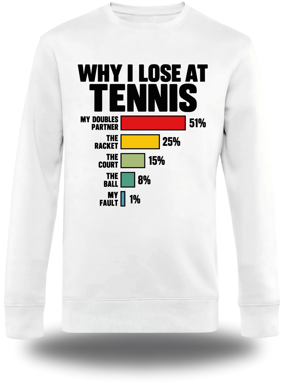 Pull col rond blanc Why I Loose At Tennis vu de face, design humour, sport, Lose, parfait