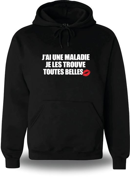 Felpa con cappuccio nera «Je Les Trouves Toutes Belles», vista frontale, design a tema umorismo e umorismo trash