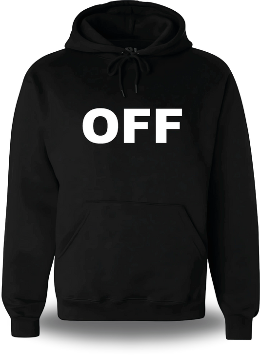 Sudadera con capucha negra «Off», vista frontal, diseño de humor, domingos y familia