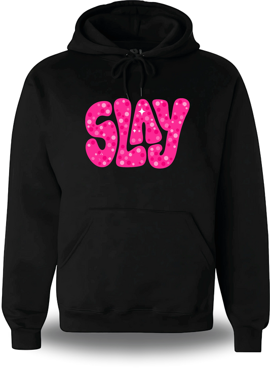 Felpa con cappuccio nera «Slay rosa», vista frontale, design a tema umorismo, Slay Rose e senza filtri