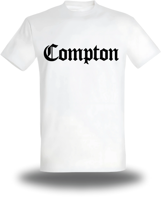 T-shirt bianca «Compton», vista frontale, design a tema film, community, streetwear e musica