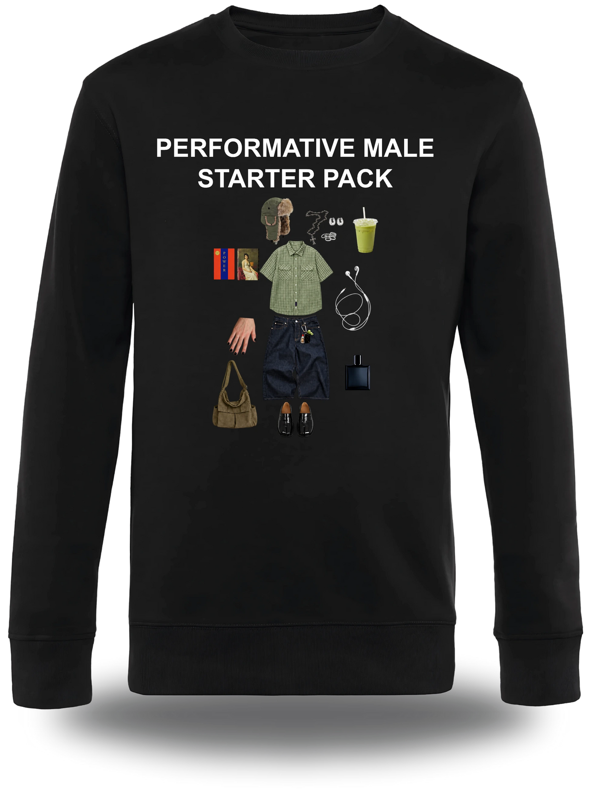 T-shirt a maniche lunghe nera «Performative Male Starter Pack», vista frontale, design a tema umorismo e meme
