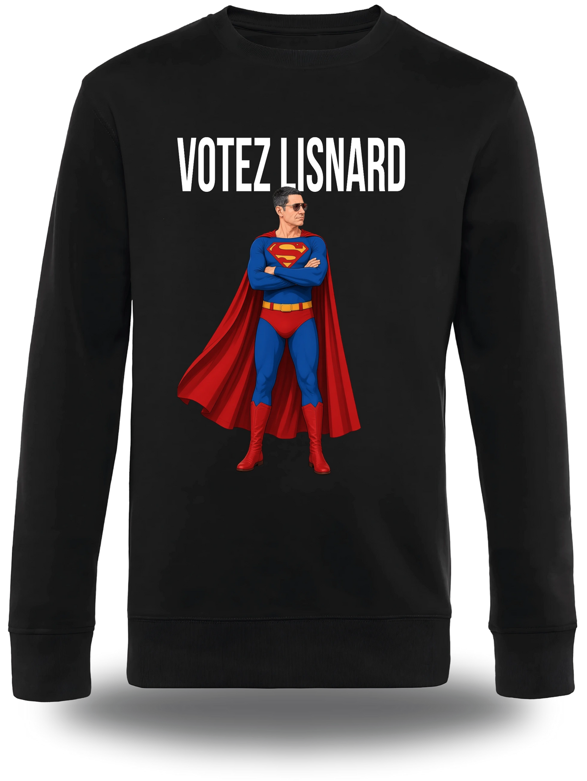T-shirt manches longues noir « Votez Lisnard Superman » vu de face, design politique et élection