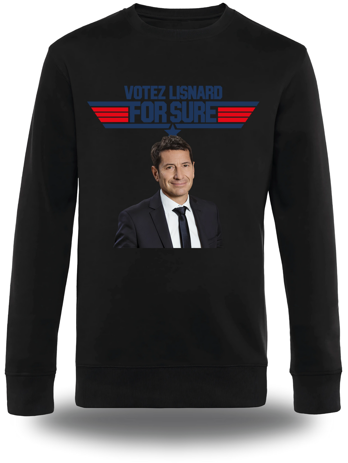 T-shirt manches longues noir « Votez Lisnard - For Sure » vu de face, design politique et élection