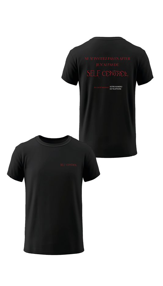 T-shirt noir « " No Self Control" » vu de face et de dos, design beauf et humour
