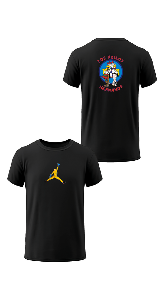 T-shirt noir « Breaking Bad- Los Pollos Hermanos » vu de face et de dos, design film et geek culture