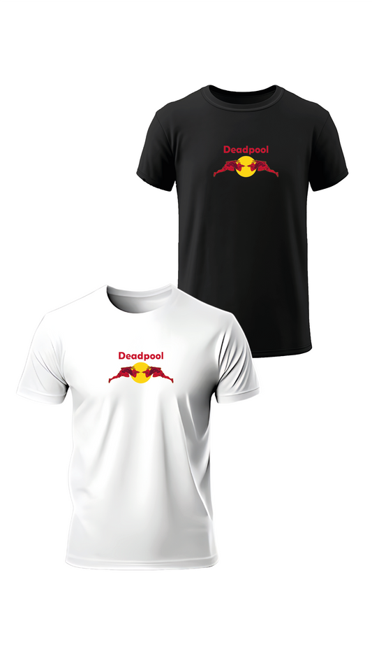 T-shirt « Deadpool X Redbull » en blanc et noir, vus de face, design film et geek culture