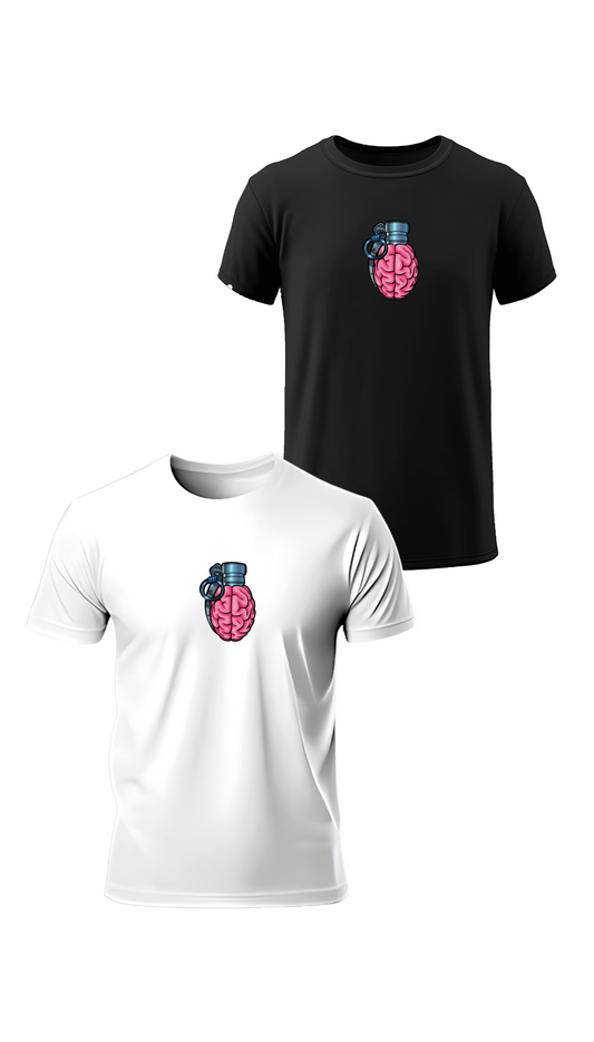 T-shirt « GRENADE CERVEAU » en blanc et noir, vus de face, design illustration et streetwear