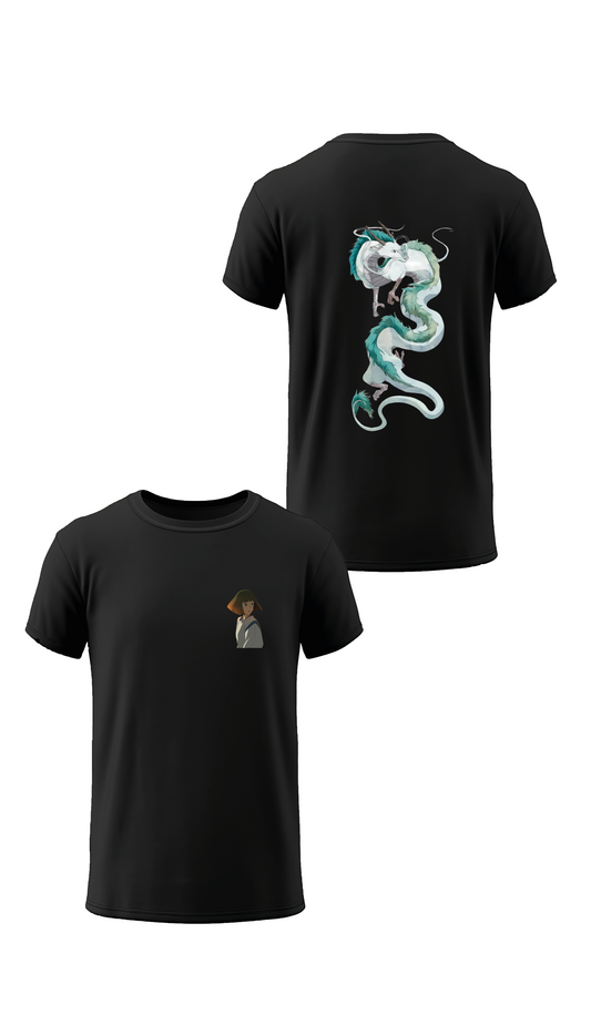 T-shirt noir « Voyage de Chihiro » vu de face et de dos, design anime et film
