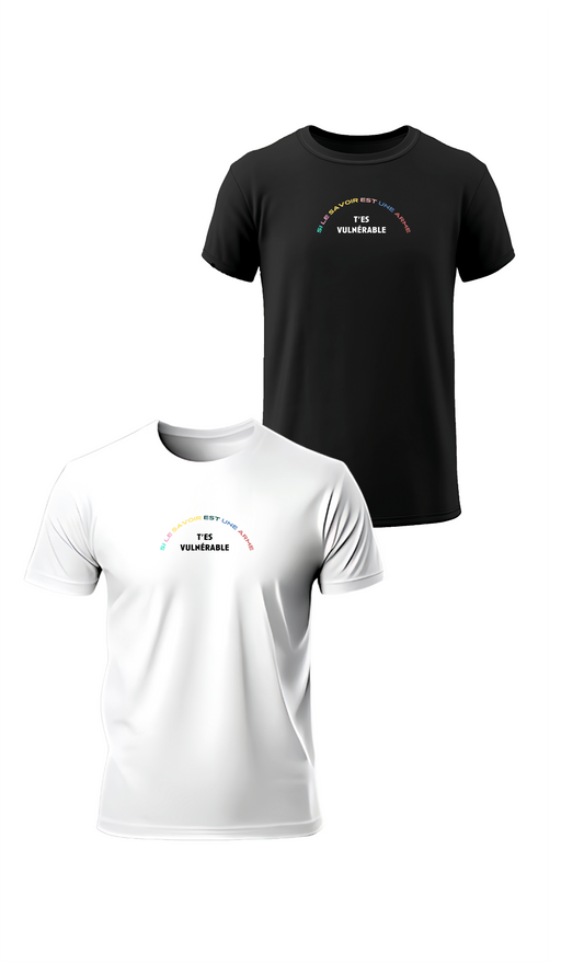 T-shirt « Si le savoir est une arme » en blanc et noir, vus de face, design beauf et humour
