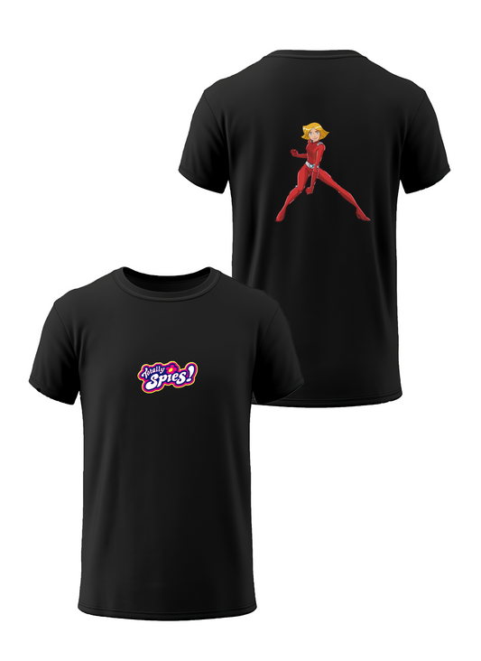 T-shirt noir « TOTALLY SPIES » vu de face et de dos, design cartoon et film