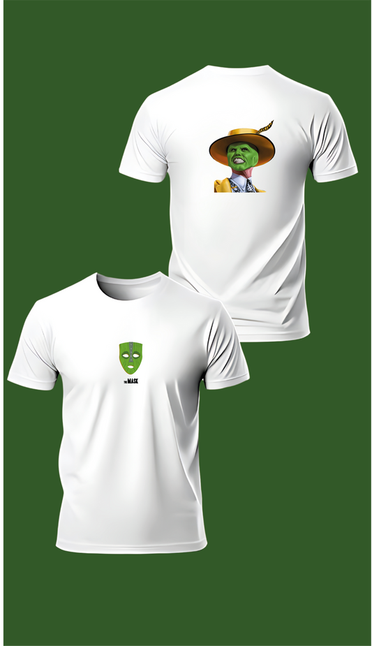 T-shirt blanc « The Mask » vu de face et de dos, design cartoon et film