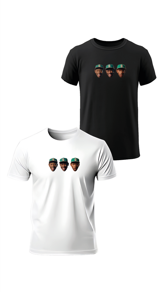 T-shirt « Tyler The Creator » en blanc et noir, vus de face, design musique et rap