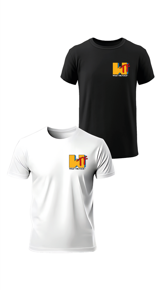 T-shirt « WTF » en blanc et noir, vus de face, design humour et illustration