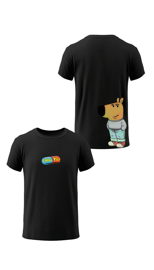 T-shirt noir « CHILL GUY (meme) » vu de face et de dos, design humour et mème