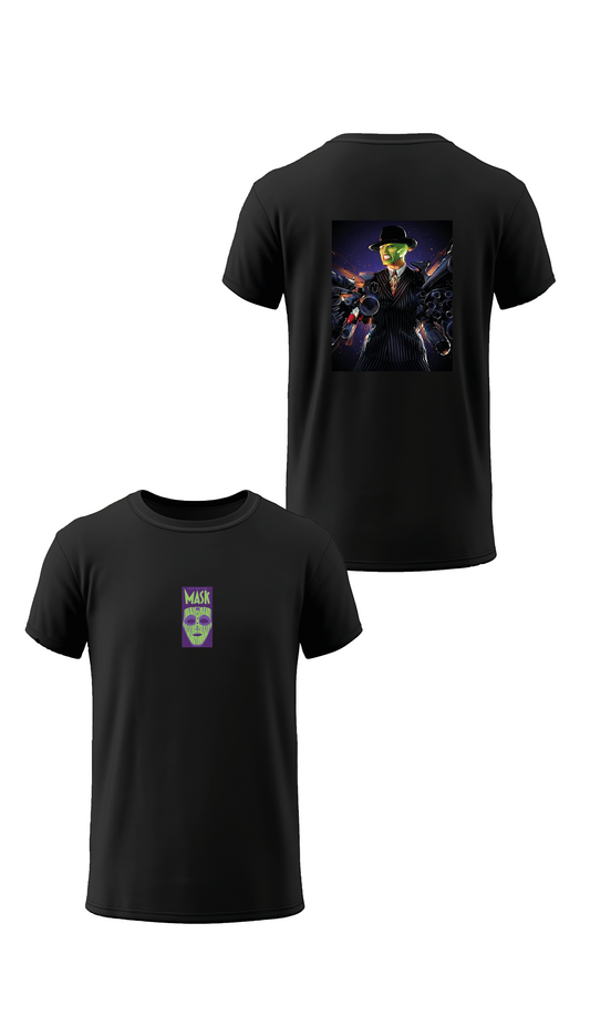 T-shirt noir « The Mask » vu de face et de dos, design cartoon et film