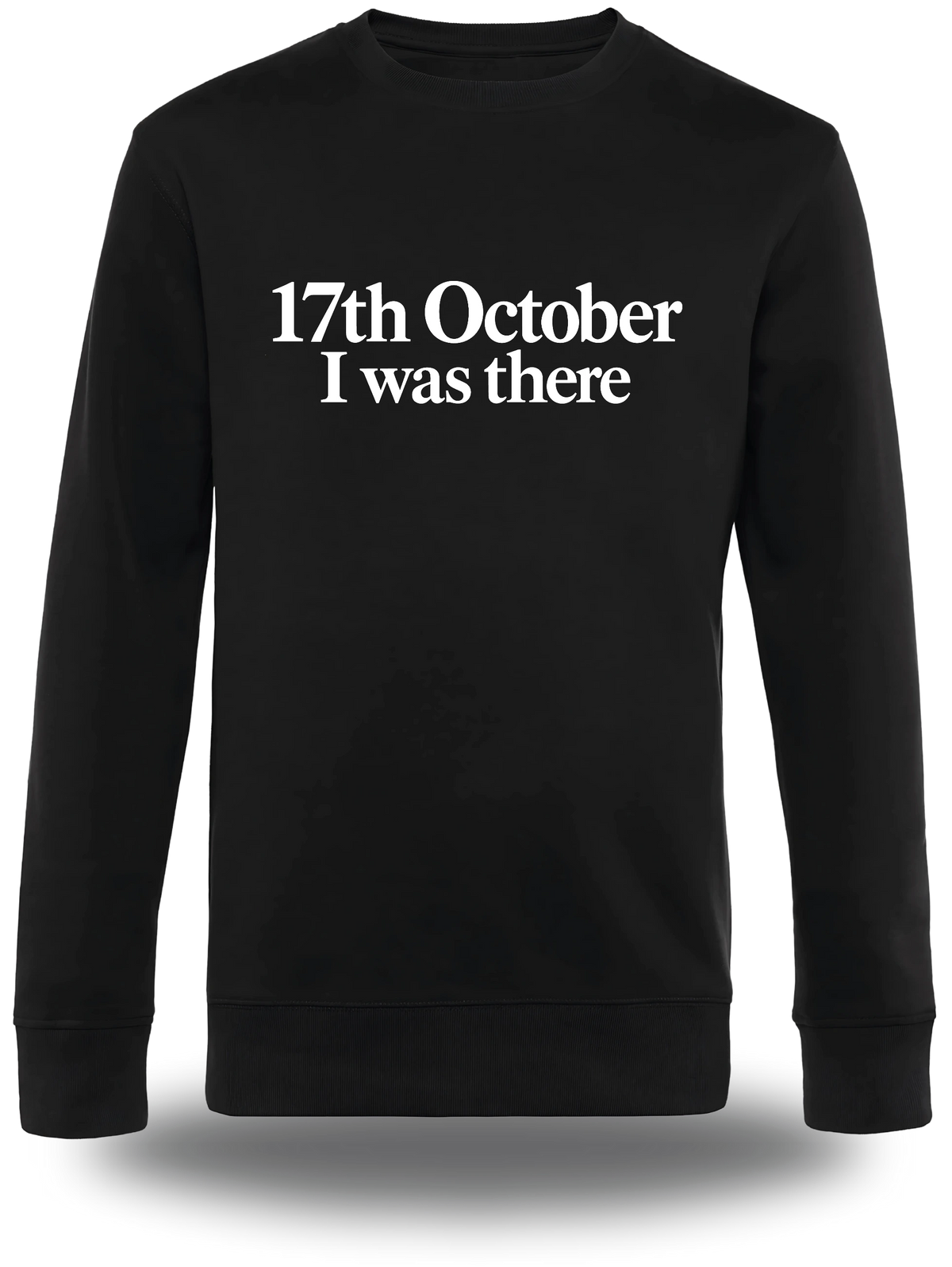 Pull col rond noir « 17 Octobre I Was There » vu de face, design manifestation et révolution