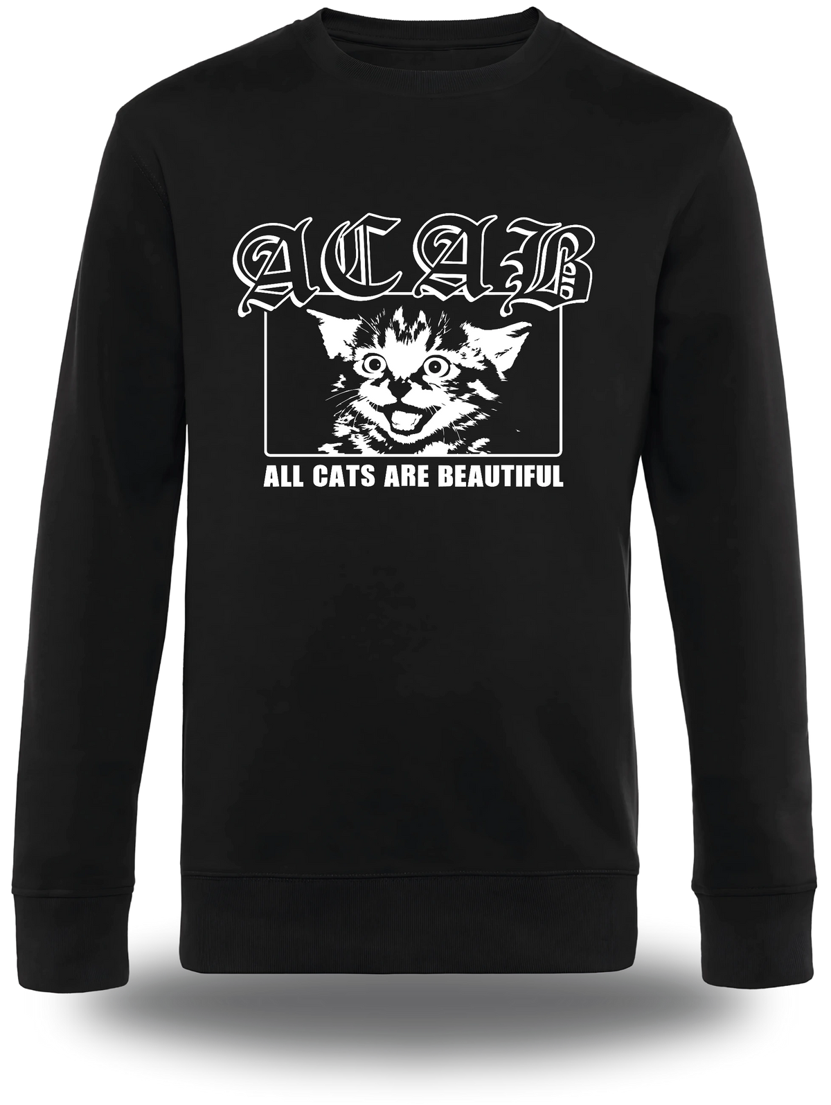 Pull col rond noir « ACAB All Cats Are Beautiful » vu de face, design politique et communauté