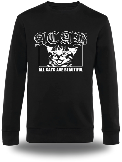 Pull col rond noir « ACAB All Cats Are Beautiful » vu de face, design politique et communauté