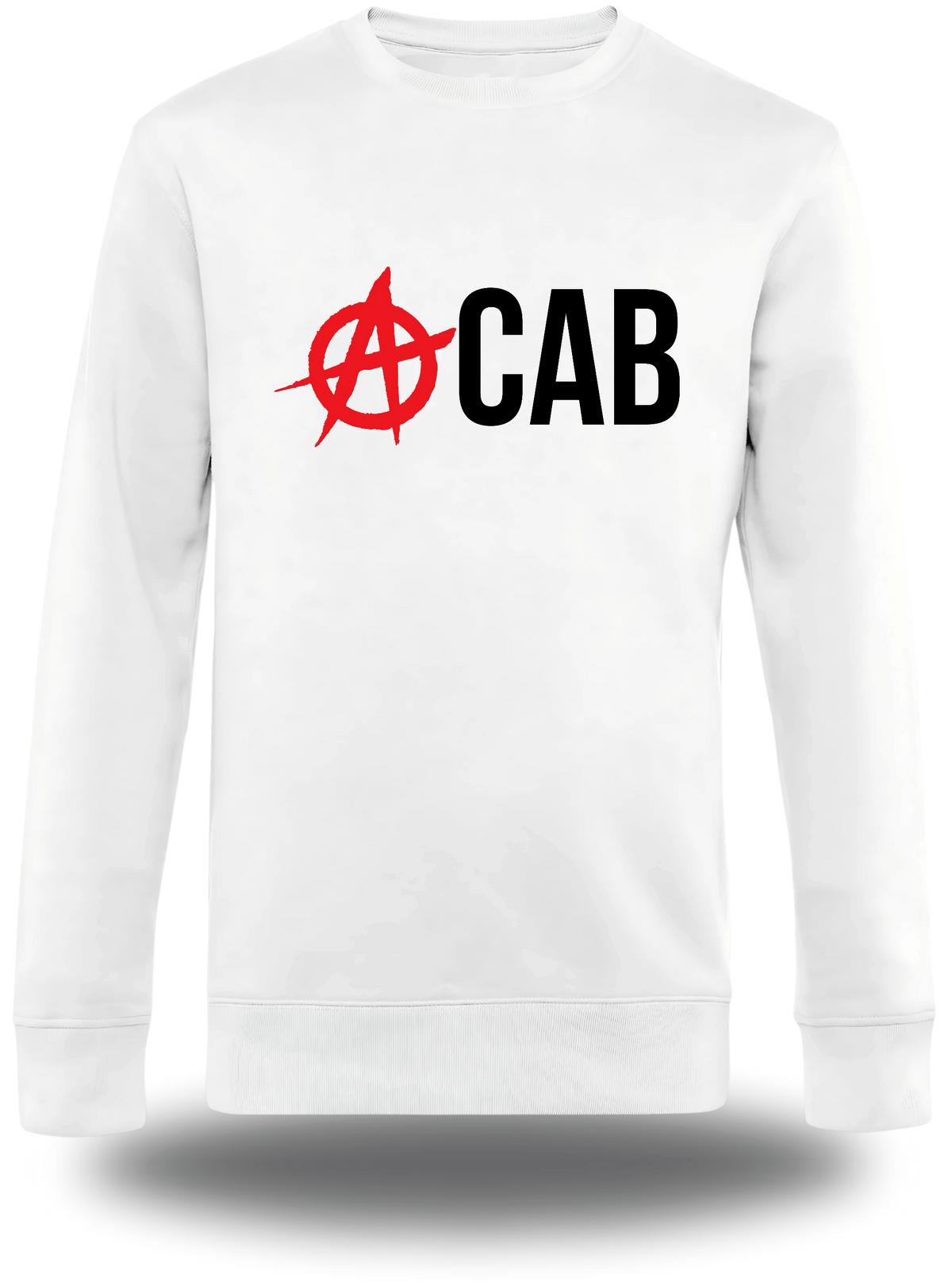 Pull col rond blanc « ACAB Anarchique » vu de face, design politique et manifestation