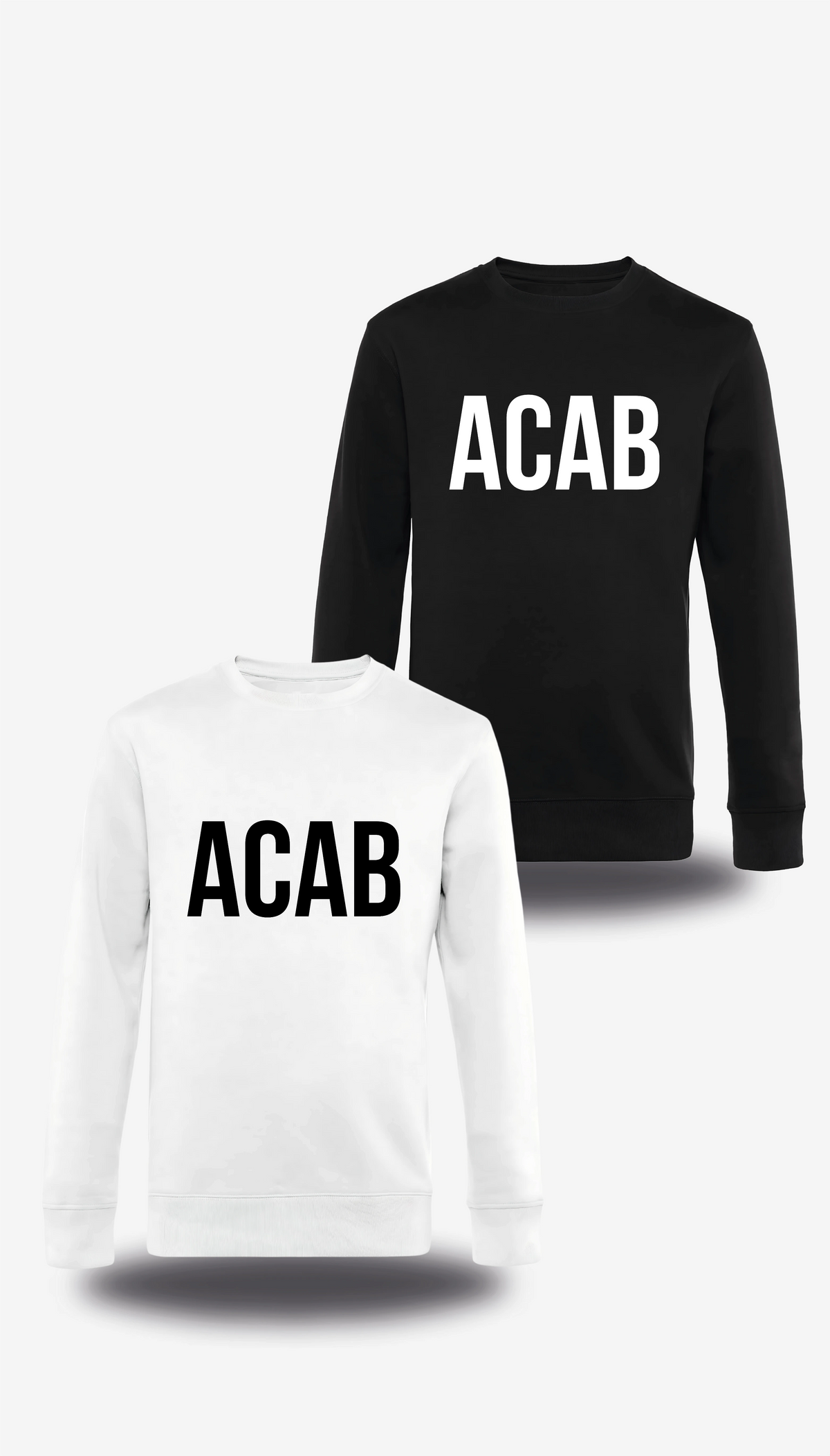 Pull col rond « ACAB - All cops are Bastards » en blanc et noir, vus de face, design politique et révolution