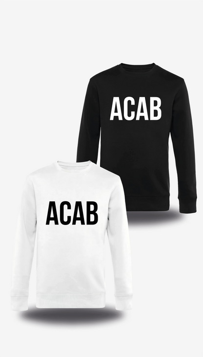Pull col rond « ACAB - All cops are Bastards » en blanc et noir, vus de face, design politique et révolution