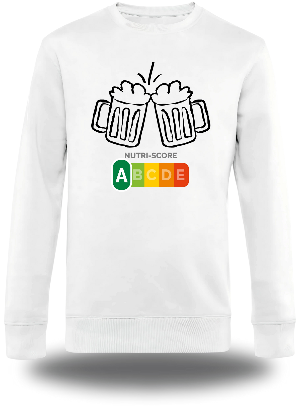 Weißer Pullover „Biere Nutri Score“, Vorderansicht, Motiv: Proll-Humor, Alkohol und selbstbewusst