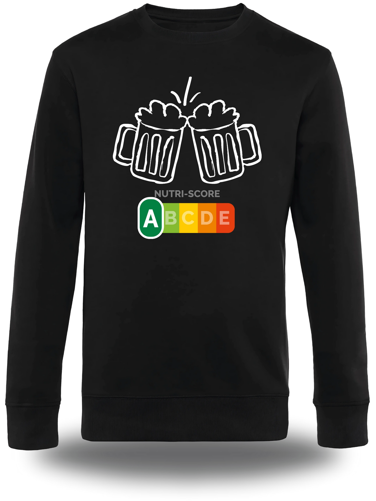 Schwarzer Pullover „Biere Nutri Score“, Vorderansicht, Motiv: Proll-Humor, Alkohol und selbstbewusst