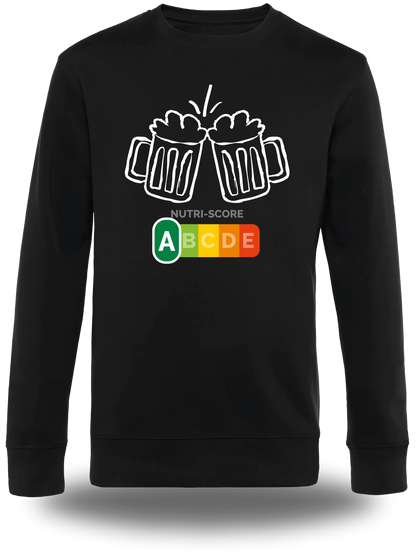 Schwarzer Pullover „Biere Nutri Score“, Vorderansicht, Motiv: Proll-Humor, Alkohol und selbstbewusst