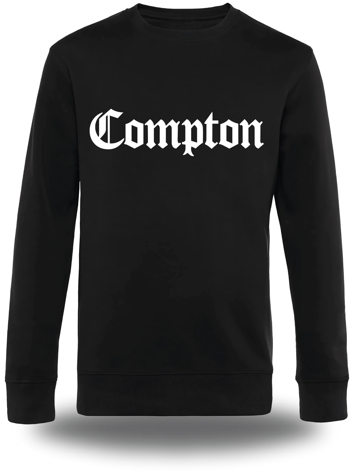 Pull col rond noir Compton vu de face, design film, communauté, streetwear, musique