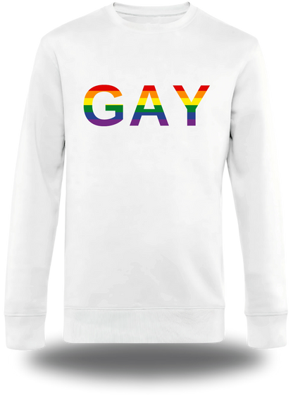 Pull col rond blanc « Gay » vu de face, design communauté et lgbt