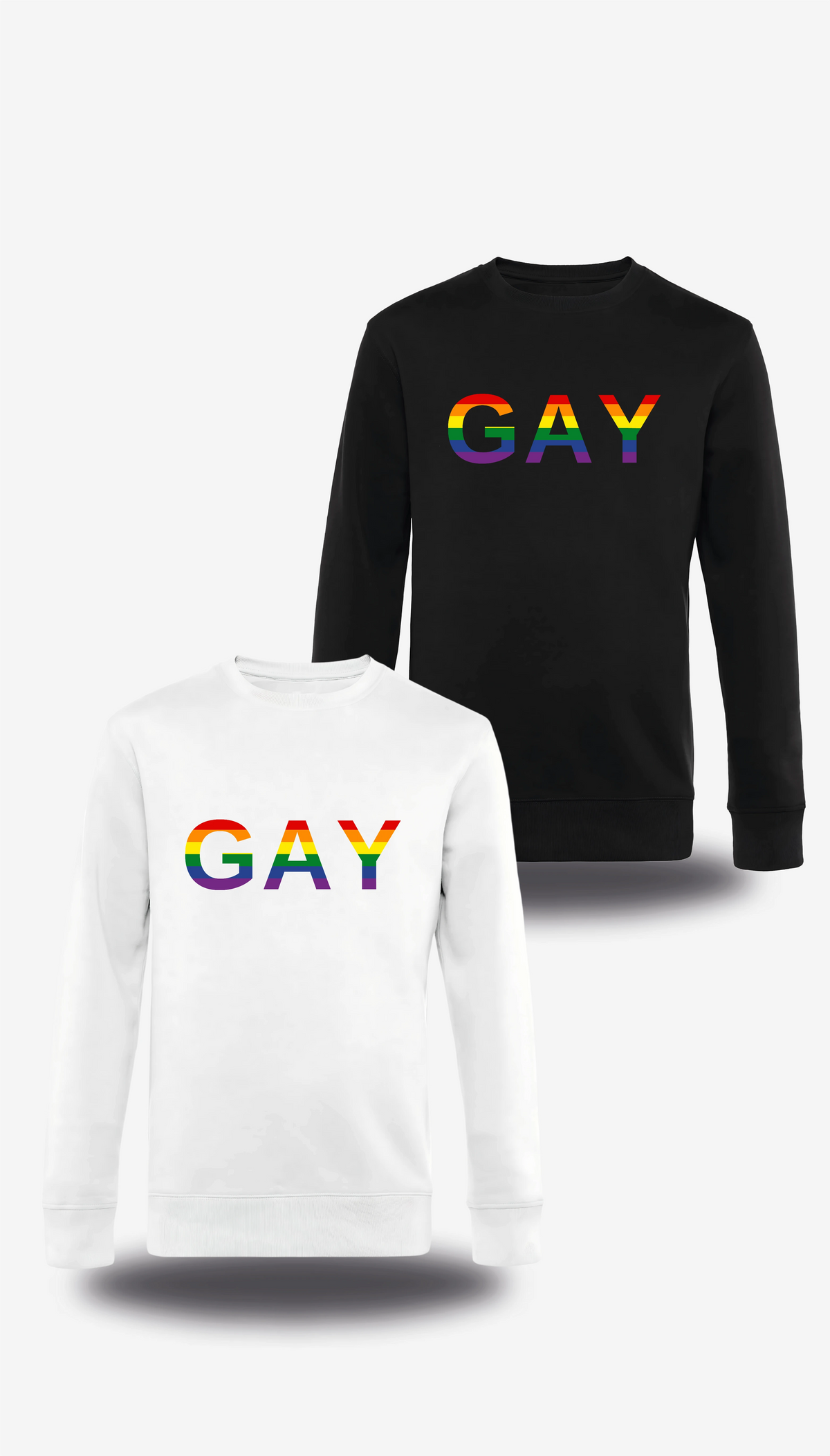 Pull col rond « Gay » en blanc et noir, vus de face, design communauté et lgbt