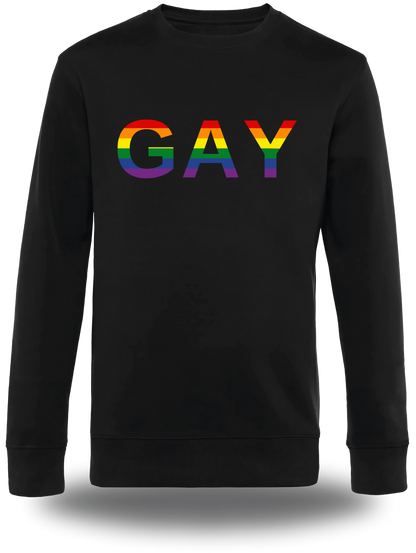 Pull col rond noir « Gay » vu de face, design communauté et lgbt
