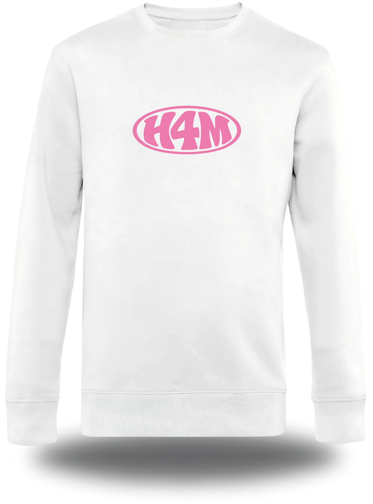 Pull col rond blanc « H4M » vu de face, design internet et Humour