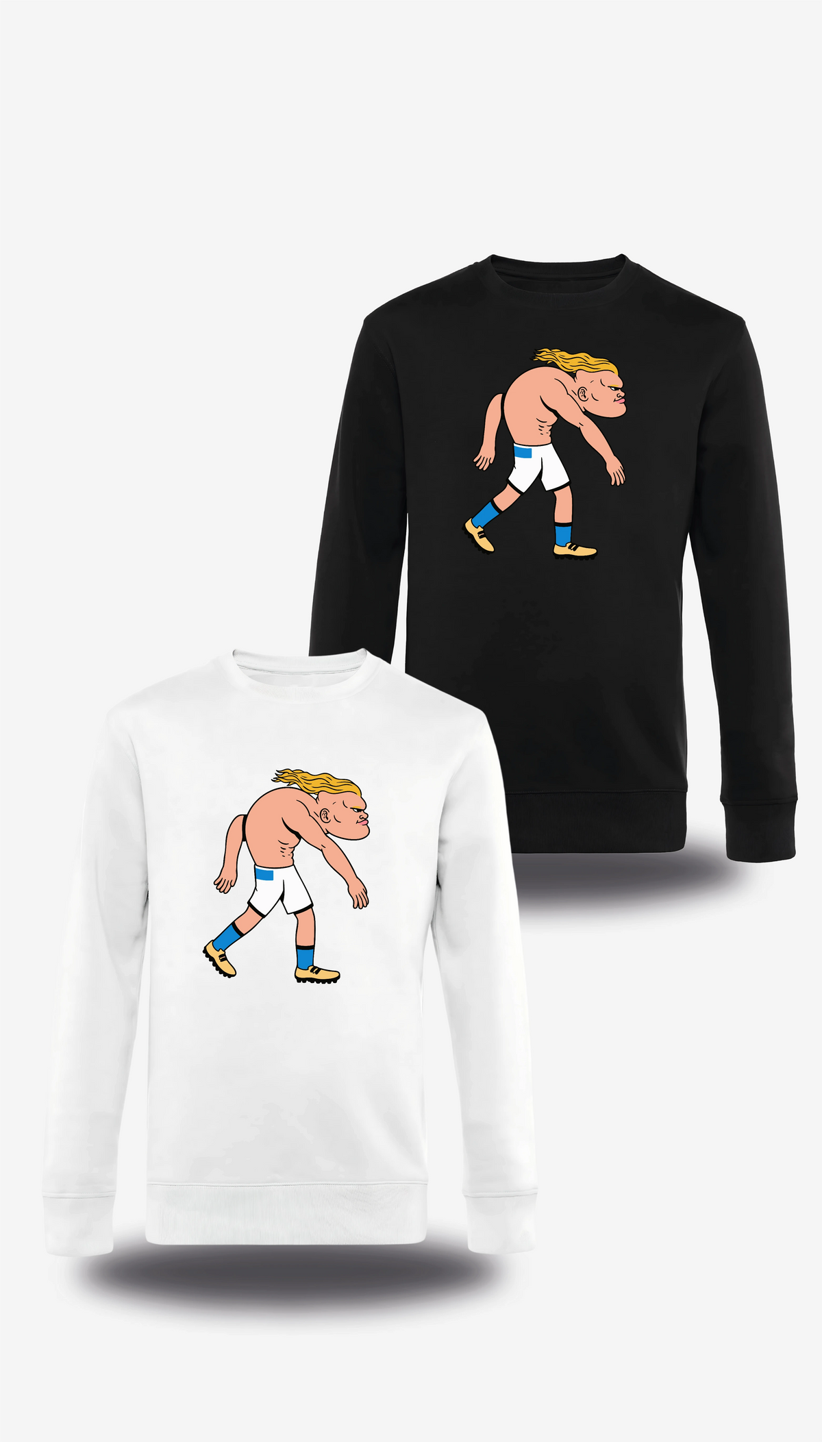 Pull col rond Haaland en blanc et noir, vus de face, design sport, football, Sweatshirt Haaland, vrais
