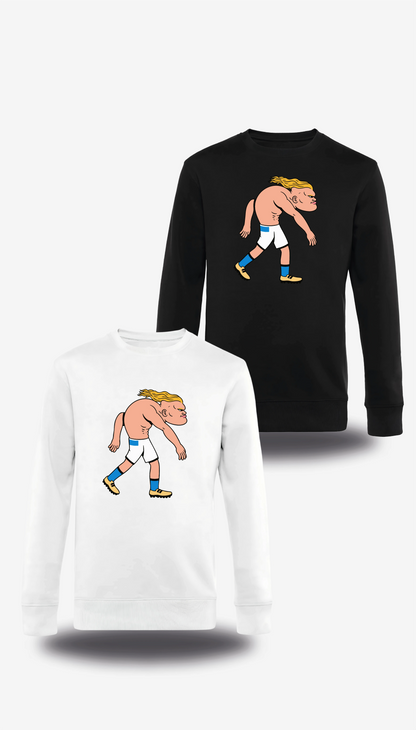 Pull col rond Haaland en blanc et noir, vus de face, design sport, football, Sweatshirt Haaland, vrais