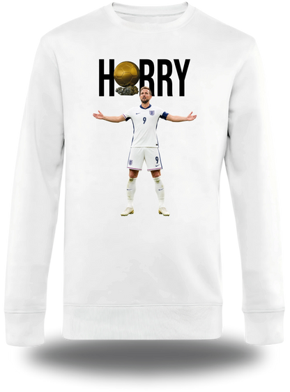 Pull col rond blanc « Harry Kane Ballon D'or » vu de face, design sport et football