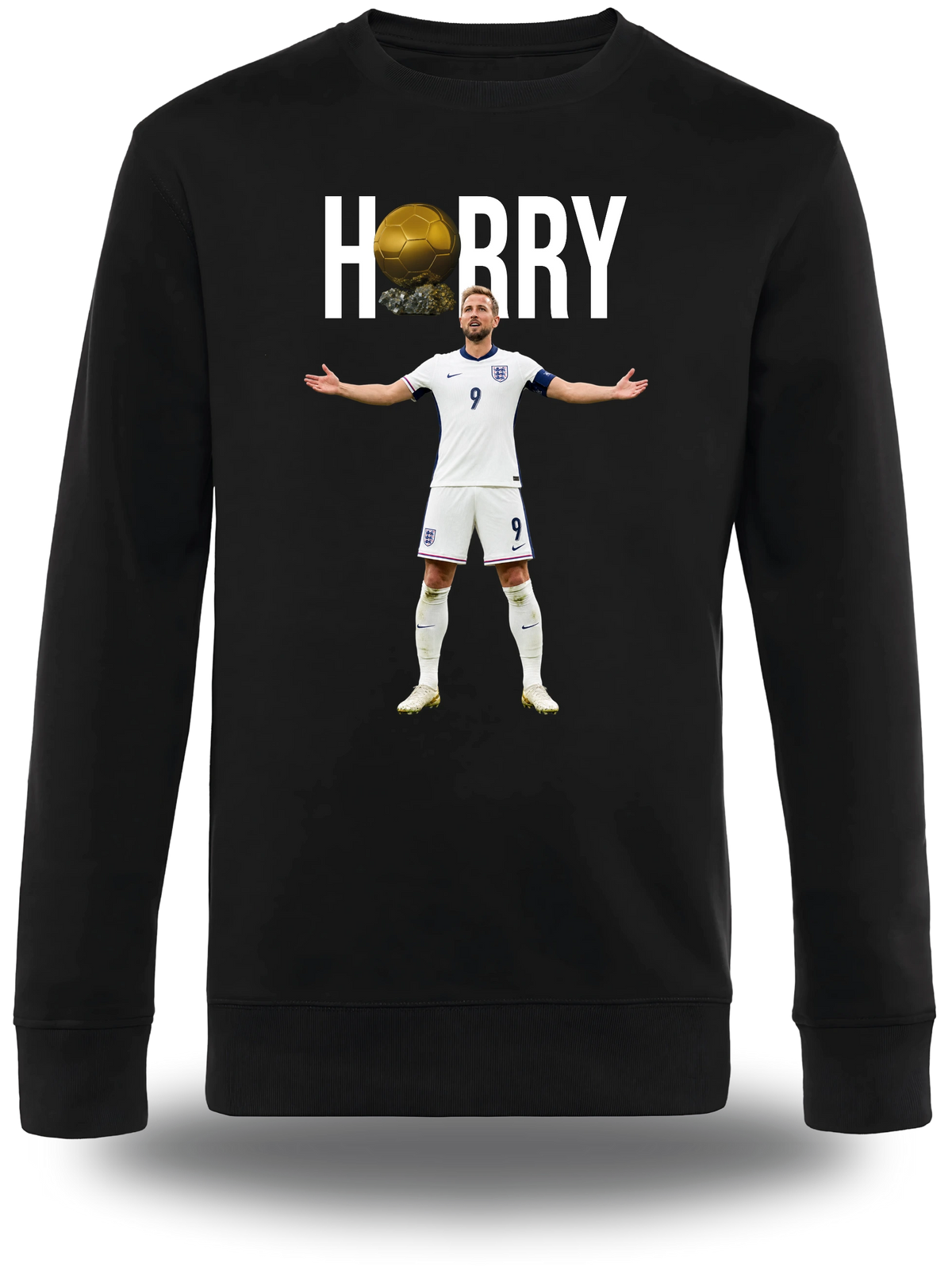 Pull col rond noir « Harry Kane Ballon D'or » vu de face, design sport et football
