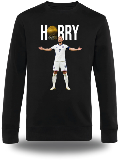 Pull col rond noir « Harry Kane Ballon D'or » vu de face, design sport et football