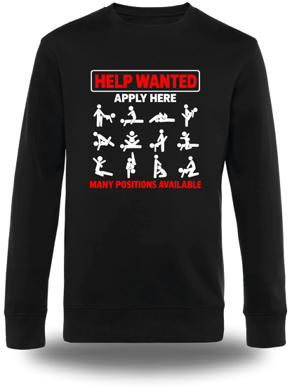 Pull col rond noir Help Wanted Apply Here - Sexual Positions vu de face, design humour, humour beauf, hot
