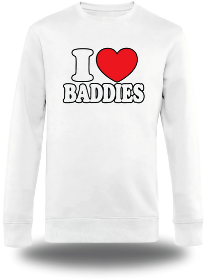 Pull col rond blanc I Love Baddies vu de face, design humour, humour beauf, punch, amour