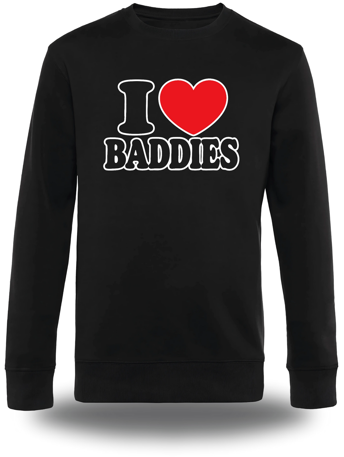 Pull col rond noir I Love Baddies vu de face, design humour, humour beauf, punch, amour