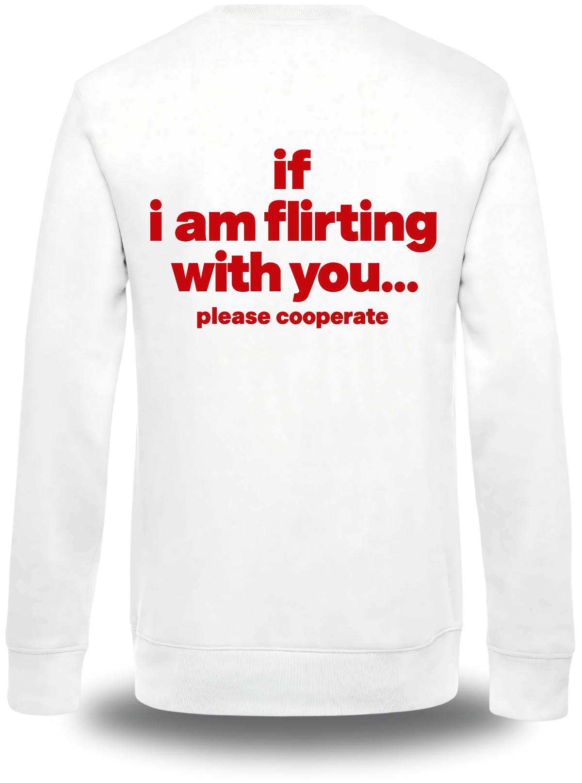 Pull col rond blanc If I Am Flirting With You Please Cooperate vu de dos, design humour, humour beauf, humour hot, hot
