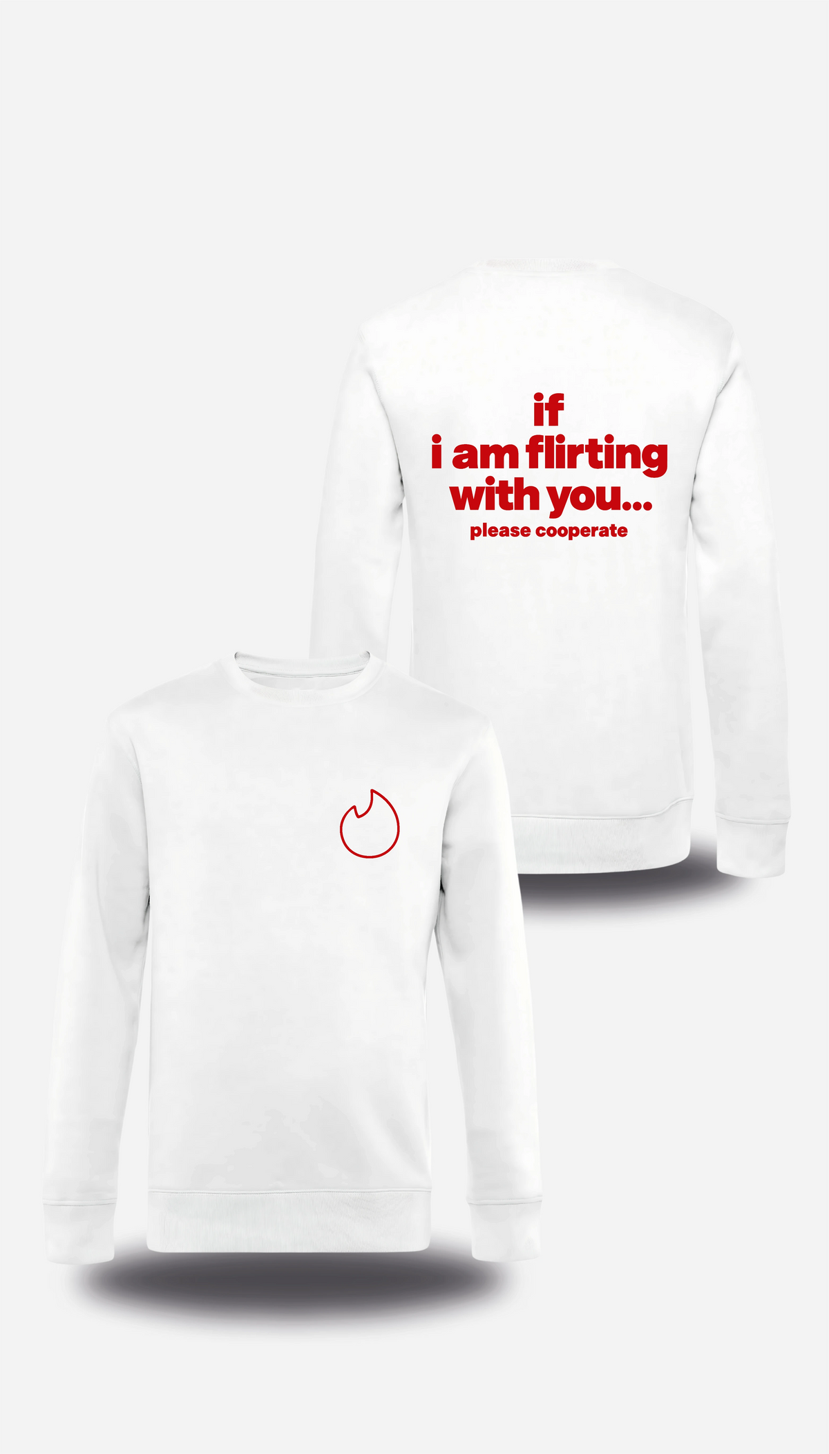 Pull col rond blanc If I Am Flirting With You Please Cooperate vu de face et de dos, design humour, humour beauf, humour hot