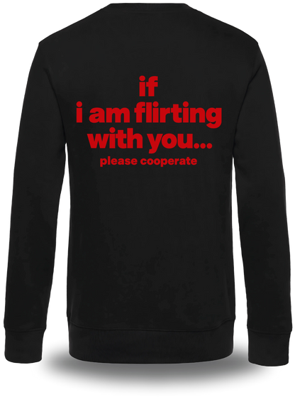 Pull col rond noir If I Am Flirting With You Please Cooperate vu de dos, design humour, humour beauf, humour hot, hot